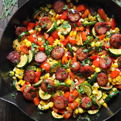 Julias Album Recipes, Sausage And Veggies Skillet, Sausage And Veggie Skillet, Julia's Album, Sausage And Vegetables, Sausage And Veggies, Sausage Skillet, Veggie Skillet, Dinner Sausage