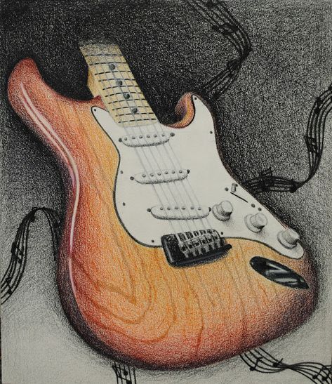 Electric Guitar Drawing- Colored Pencil Guitar Drawings Pencil, Sketch Of Guitar, Drawing Guitar Pencil, Electric Guitar Drawing Sketches Pencil, Guitar Colored Pencil Drawing, Guitar Sketch, Electric Guitar Art, Guitar Drawing, Guitar Wall Art