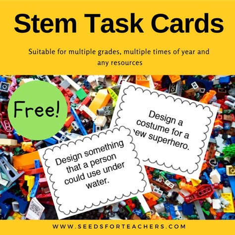 A simple way to get started with STEM is with task cards. You can use any materials you have in your classroom. Click to read the whole list and download your free STEM task cards today. Stem Bin Challenge Cards, Stem Task Cards Free Kindergarten, Stem Task Cards Free, Lego Task Cards, Steam Bins, Middle School Science Lab, Stem Cards, Stem Task Cards, Stem Station