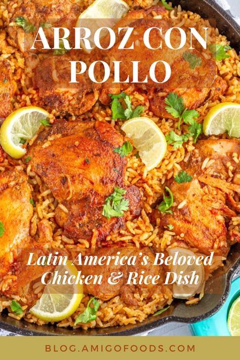 Making authentic arroz con pollo is easy. It’s a simple one-pot meal with juicy chicken, fragrant saffron rice, and delicious vegetables that is easy to make. #arrozconpollo #chickenandrice #chicken #rice #amigofoods Chicken And Rice Spanish, Chicken And Rice Recipes Spanish, Spanish Chicken And Rice Arroz Con Pollo, Sazon Goya Recipes Chicken And Rice, Pollo Arroz Recipe, Panamanian Chicken And Rice, Mexican Chicken Rice Recipes, Mexican Chicken And Rice Arroz Con Pollo, One Pot Mexican Chicken And Rice