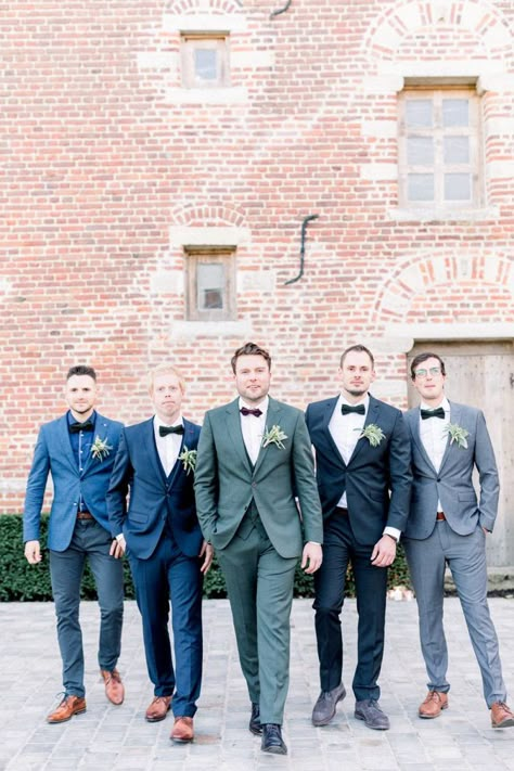 Mismatched Groom & Groomsmen August Wedding Suits, Groomsmen Outfits Fall Wedding, Men’s Suits For Spring Wedding, Classic Wedding Groomsmen, Mixed Matched Groomsmen, Groom Not Matching Groomsmen, Mixed Color Groomsmen Suits, Non Matching Groomsmen Attire, Mix Match Bridesmaid Dresses With Groomsmen