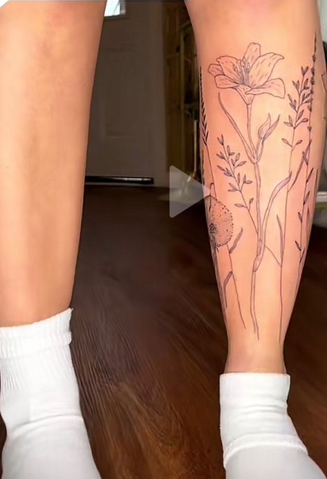 Lower Leg Flower Sleeve Tattoo, Birth Flower Leg Tattoos, Flower Tattoo Lower Leg, Flowers Growing Up Legs Tattoo, Wild Flower Tattoo Leg Sleeve, Flower Garden Leg Tattoo, Flower Leg Tattoos, Lower Leg Tattoos, Flower Bouquet Tattoo