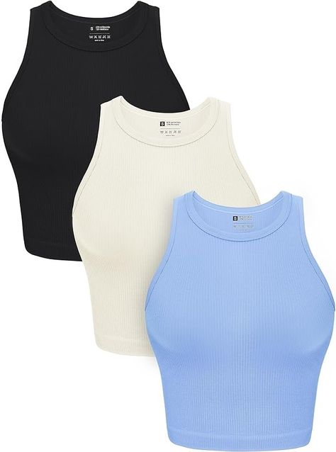 Amazon.com: OLCHEE Womens 3 Pack Crop Tank Tops Basic Seamless Ribbed Round High Neck Racerback Workout Top Summer Causal Yoga Gym Shirts - Black Beige Light Blue Medium : Clothing, Shoes & Jewelry Summer Causal, Fitted Jumpsuit, Beige Light, Yoga Gym, Long Torso, Ribbed Tank Tops, Top Summer, Gym Shirts, Daily Look