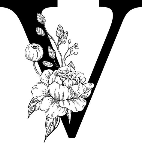 "V Botanical Monogram. Detailed Peony Drawing" Stickers by epine | Redbubble Drawing Stickers, Botanical Monogram, Peony Drawing, V Tattoo, Floral Monogram Letter, Graffiti Art Letters, Drawing Sticker, Doodle Art Flowers, Alfabet Letters