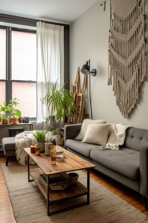 an industrial boho living room with industrial furniture and macrame hangings Industrial Bohemian Decor, Industrial Boho Living Room, Industrial Boho Decor, Rustic Workspace, Best Living Room Ideas, Industrial Bohemian, Formal Living Room Designs, Industrial Style Living Room, Industrial Style Bedroom