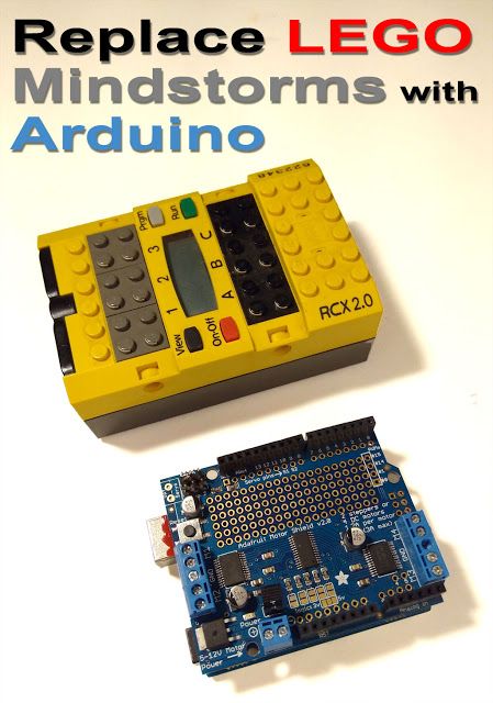 Compare LEGO Mindstorms RCX brick with the size of an Arduino and Motor Shield combo Lego Electronics, Robot Carnival, Lego Mechanics, Arduino Motor, Lego Mindstorms Ev3, Robot Chassis, Arduino Shield, Lego Wedo, Robot Programming