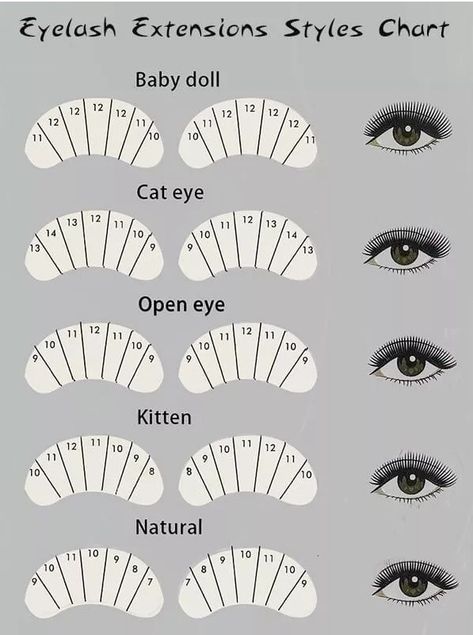 Style Of Lash Extensions, Lash Extentions Maps, Eyelash Extensions Doll Eye Style, Map Extension Eyelash, Doll Eye Eyelash Extensions Map, Different Lash Mapping Styles, Beginner Classic Lashes, Type Of Lashes Extension, Different Types Of Lash Extensions Styles