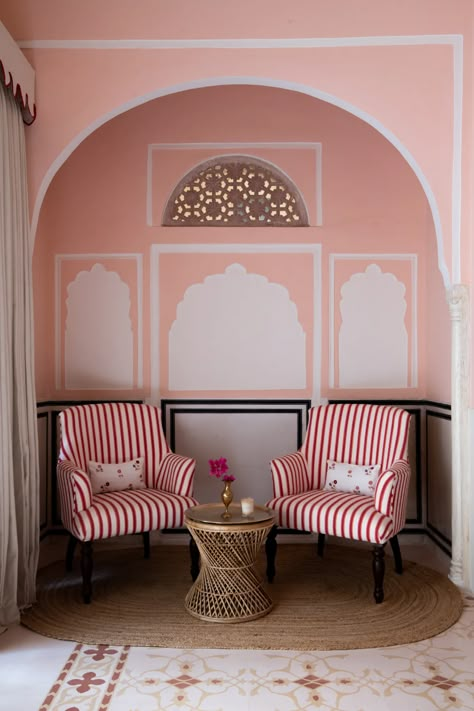 This Jaipur hotel is like a jewel box in the city's gemstone market | Architectural Digest India Indian Interiors, Jaipur Rugs, Style Deco, Jewel Box, Pink Walls, Vintage Chairs, Eclectic Style, Shop Interior, Hotels Design