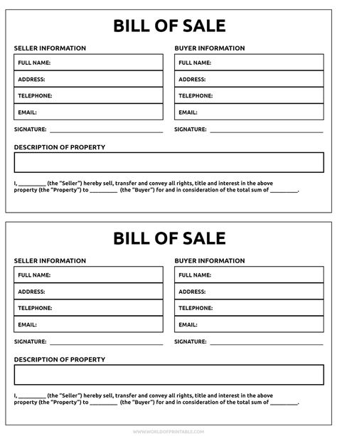 Printable Bill of Sale - World of Printables Bill Of Sale Template Free Printable, Sales Receipt Template Free Printables, Bill Of Sale Printable, Bill Of Sale Car, World Of Printables, Sales Receipt, Bill Of Sale Template, Keto Sausage, Design Contract