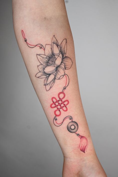 @simbalysm on IG Chinese Knot Tattoo, Norigae Tattoo, Kitsune Tattoo, Charm Tattoo, Knot Tattoo, Kitsune Mask, Chinese Flower, Mask Drawing, Chinese Knot