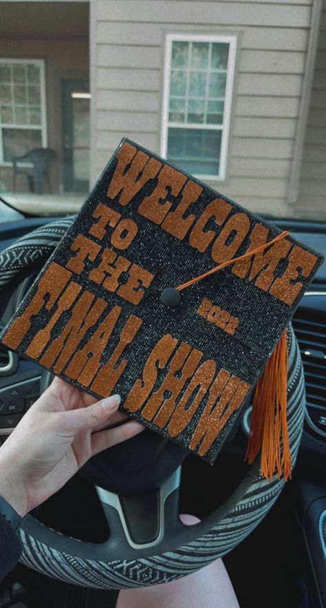 Country Song Graduation Cap, Orange Grad Cap Ideas, Graduation Cap Designs One Direction, Grad Cap Ideas Western, One Direction Graduation Cap Ideas, Grad Cap Ideas Harry Styles, Harry Styles Graduation Cap Ideas, One Direction Grad Cap, Zach Bryan Graduation Cap