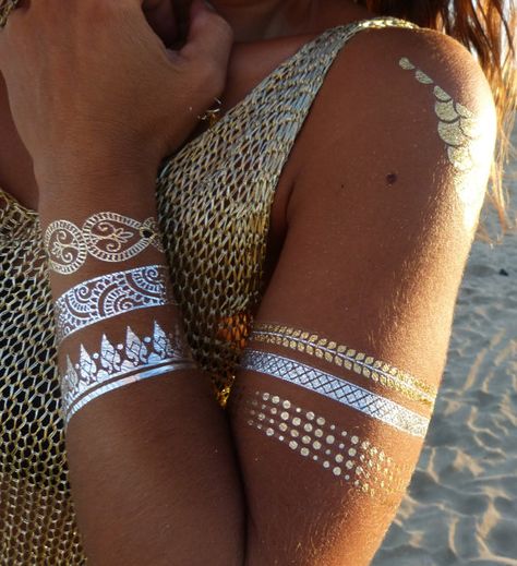 Body art Gold silver Jewelry tattoo model 91 by designsbykekugi Gold Tattoos, Henne Tattoo, Metallic Tattoo, Silver Tattoo, Jewelry Facts, Metallic Tattoo Temporary, Marquesan Tattoos, Gold Tattoo, Metal Tattoo