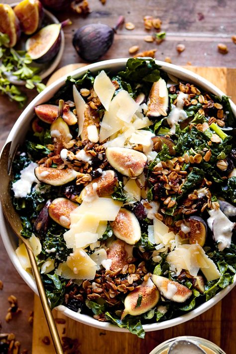 harvest fig and kale crunch salad with tahini cider dressing – The Foul-Mouth Gourmet Kale Crunch Salad, Harvesting Kale, Savory Granola, Salad Fingers, Fig Salad, Crunch Salad, Christmas Salads, Harvest Salad, Autumn Salad