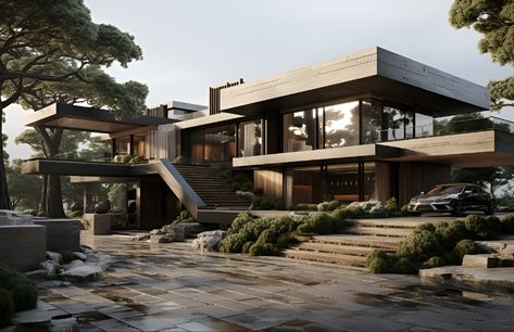 Modern Rainforest House, Rainforest Mansion, Japanese Mansion Modern, Mansion In Forest, Mansion Forest, Jungle Mansion, Mansion In The Woods, Forest Mansion, Modern Forest House