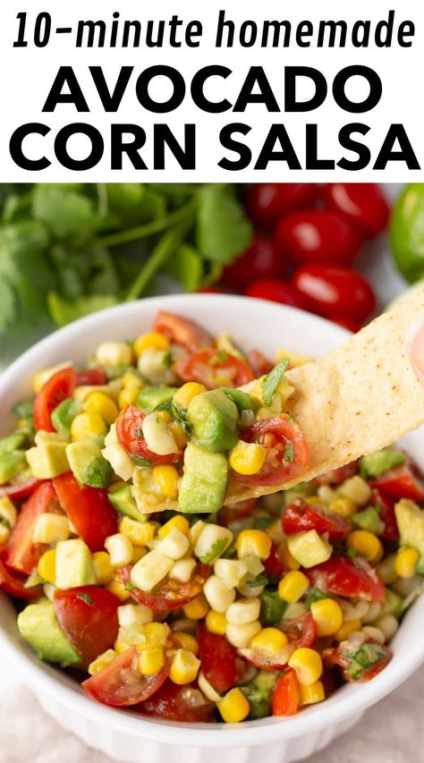 The easiest avocado corn salsa — in 10 minutes! Made without black beans, for this homemade salsa you'll toss together corn (fresh, canned, or frozen corn kernels work), creamy avocado, zesty lime juice, fresh cherry tomatoes, and chopped cilantro. Serve the salsa over grilled salmon, or add it to fish tacos for a burst of fresh flavor! Salsa With Cilantro, Roasted Corn Salsa Recipe, Corn Salsa Dip, Easy Corn Salsa, Avocado Corn Salsa, Roasted Corn Salsa, Corn Salsa Recipe, Mild Salsa, Fresh Cherry