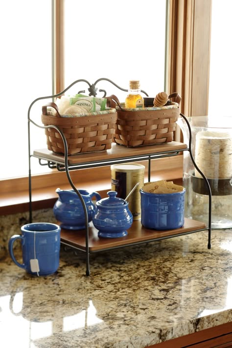 Keep your tea and coffee organized with Longaberger baskets, pottery and wrought iron pieces Kitchen Countertop Organization Ideas, Coffee Organization, Kitchen Countertop Organization, Clutter Free Kitchen, Tea Station, Desain Pantry, Longaberger Baskets, Countertop Organization, Countertop Organizer