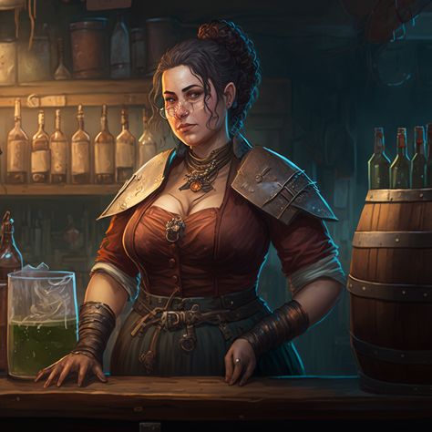 Elf Tavern Keeper, Tavern Keeper Dnd, Fantasy Shopkeeper, Dnd Tavern Keeper, Dnd Tavern Keeper Art, Bartender Character Design, Dnd Bartender, Fantasy Tavern Keeper, Tavern Keeper Character