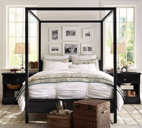 Rustic farmhouse canopy bed. Pottery Barn Bedroom Master, Farmhouse Canopy Beds, Barn Bedroom, Pottery Barn Bedrooms, Four Post Bed, Barn Bedrooms, Metal Canopy Bed, Canopy Bed Frame, Canopy Bedroom