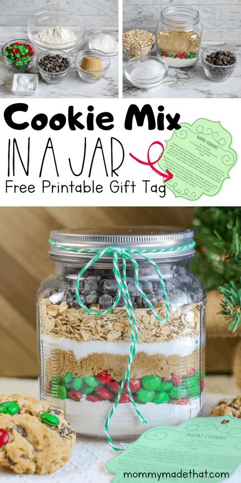 Yummy Chocolate chip cookie mix in jar recipe! Includes a free printable gift tag! An easy and perfect christmas gift. Jar Food Gifts, Mason Jar Cookie Recipes, Mason Jar Gifts Recipes, Cookie Mix Jar, Cookie Mix In A Jar, Mason Jar Cookies Mix, Christmas Jar Gifts, Mix In A Jar, Mason Jar Desserts