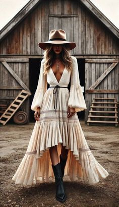 Boot Barn Dresses, Maxi Dress With Cowboy Boots, Boho Photoshoot Ideas, Boho Style Photoshoot, Boho Maxi Dress Outfit, Country Boho Outfit, Outfit With Cowgirl Boots, Barn Outfits, Cowgirl Boots And Dress Outfit