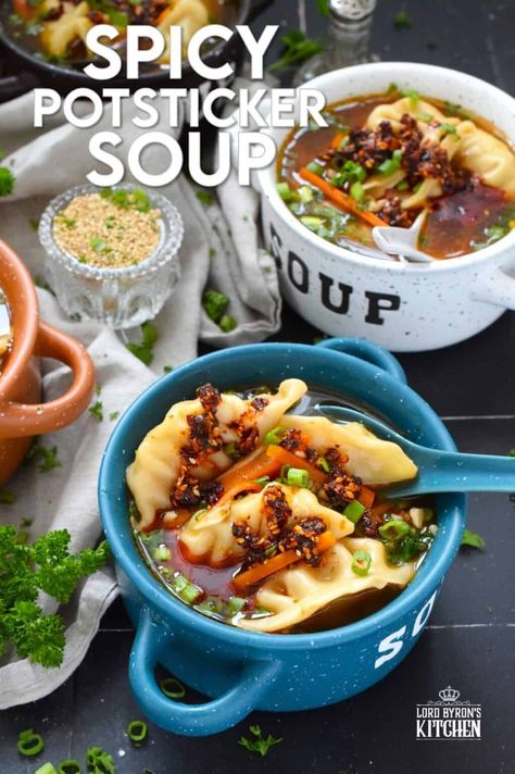 Spicy Potsticker Soup - Lord Byron's Kitchen Potsticker Soup, Frozen Potstickers, Stew Soup, Homemade Chinese, Soup Chili, Dumpling Soup, Spicy Soup, Dumplings For Soup, Seafood Platter