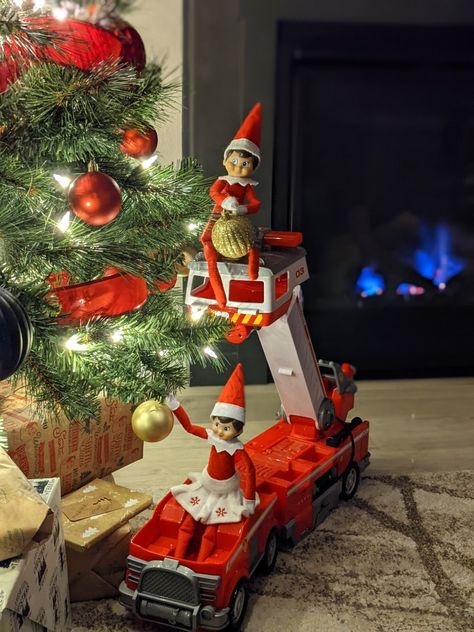 Elf On The Shelf Fire Truck, Elf On The Shelf Dump Truck, Elf Ideas Easy, Elf Ideas, Christmas Goodies, Fire Truck, Shelf Ideas, On The Shelf, Fire Trucks