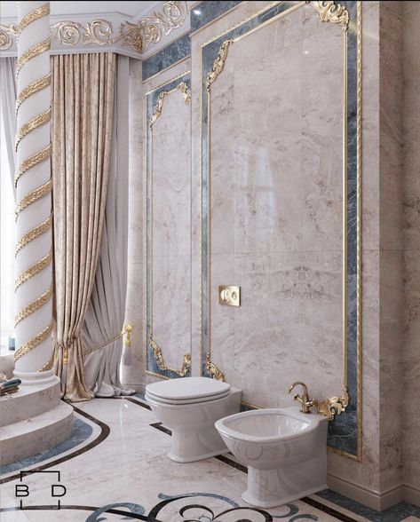 Baroque Bathroom Ideas, Royal Bathroom Luxury, Modern Toilet Design, Wallpaper Bathroom Ideas, Modern Bathroom Decoration, Beautiful Bathroom Ideas, Baroque Interior Design, Toilet Design Modern, Modern Toilet Paper Holders