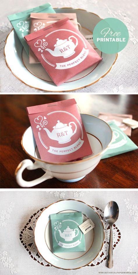 These delightful wedding favor tea packages are super cute, easy to make and can be personalized with your initials! Tea Package, Wedding Favors Packaging, Tea Wedding Favors, Gratis Printables, Inexpensive Wedding Favors, Bridal Tea Party, Tea Party Wedding, Bridal Tea, Tea Party Bridal Shower