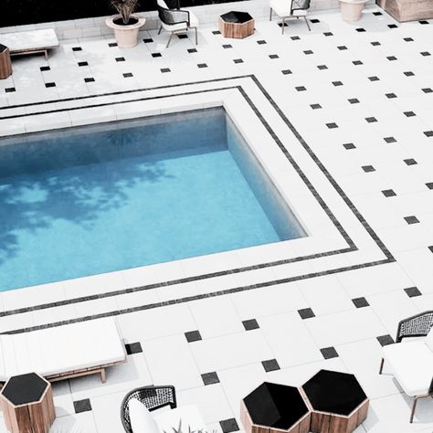 White Pool Tile Ideas - Designing A Modern Outdoor Space With A Contemporary Flair Black And White Tile Pool, Tile Around Pool, White Pool Tile, Pool Tile Ideas, Waterline Pool Tile, White Pool, Pool Inspiration, Navy Blue Decor, Mosaic Pool Tile