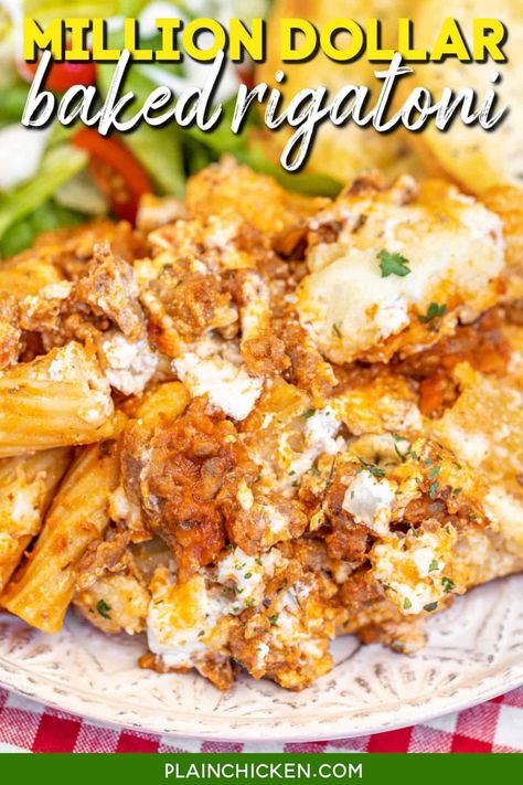 Million Dollar Baked Rigatoni Recipe - the ultimate baked pasta. Effortless to make and packed full of tons of flavor! Rigatoni, Italian sausage, marinara sauce, sour cream, cream cheese, cottage cheese, mozzarella cheese, and parmesan cheese. Comfort food at its best. Serve with a salad and garlic bread for a meal better than any restaurant. Italian Sausage Marinara, Rigatoni Pie, Ww Pasta, Rigatoni Pasta Recipes, Plain Chicken Recipe, Chicken Rigatoni, Rigatoni Recipe, Cottage Cheese Pasta, Sausage Marinara