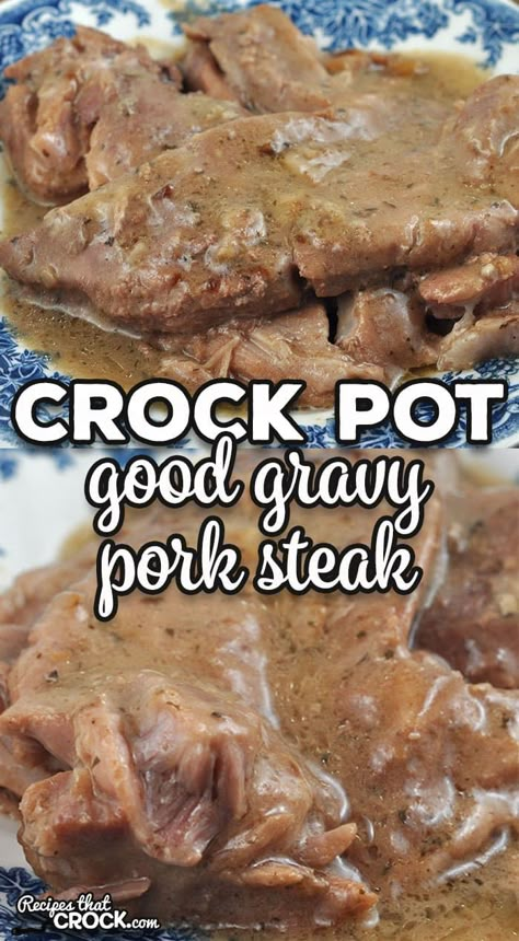 This Good Gravy Crock Pot Pork Steak recipe is super simple to make and gives you fork tender pork steaks with an amazing gravy. Win win! Pork Cubed Steak Recipes Crockpot, Pork Steak In Crock Pot Slow Cooker, Pork Steak In The Crock Pot, Chop Steak Recipe Crock Pot, Pork Round Steak Recipes, Pork Steaks Crockpot Recipes, Pork Steaks In Instant Pot, Crock Pot Ham Steak Recipes, Pork Sirloin Crock Pot Recipes