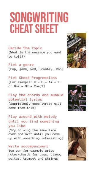 How To Start A Writing, How To Start Writing Music, How To Write Songs For Beginners, Tips For Writing A Song, Band Ideas Music, Musical Checklist, Song Writing Idea, Song Writing Techniques, Songwriting Cheat Sheet