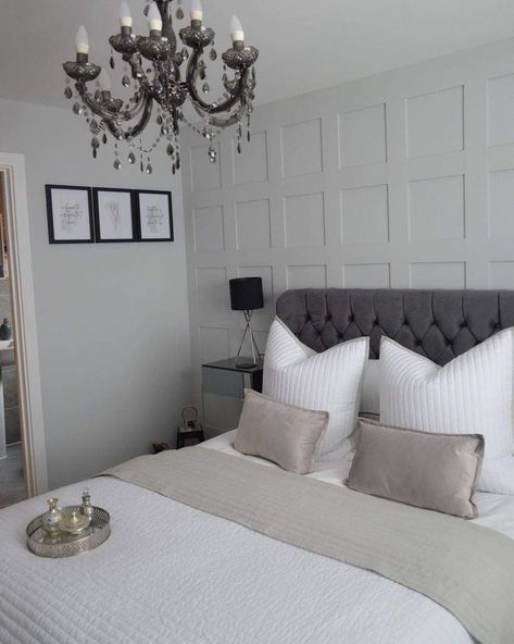 diy wall paneling ideas ourneckof_thewoods Headboard Wall Panelling, Light Grey Panelling, Bedroom Wall Paneling Ideas, Grey Bedroom Decor Ideas, Wall Paneling Ideas, Light Gray Bedroom, Grey Bedroom Ideas, Paneling Ideas, Modern Bedroom Colors