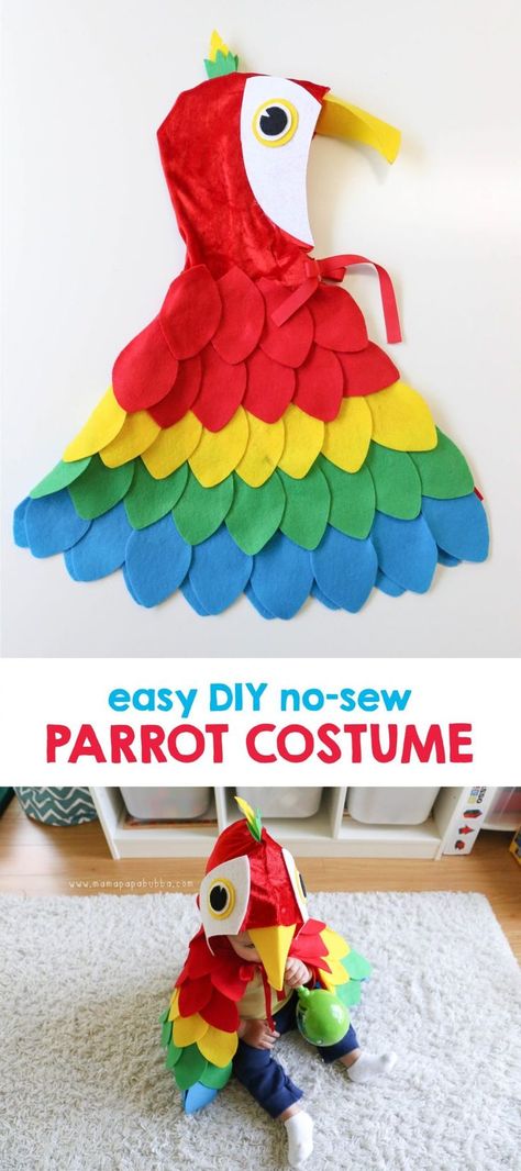 easy no sew parrot costume Diy Felt Costumes, Diy Toucan Costume, Diy Bird Costume Kids, Easy Sew Halloween Costumes, Animal Dress Up Day At School, Toddler Pirate Costume Diy, Easy Costume Ideas For Kids, Diy Animal Costume For Kids, Easy Diy Kids Costumes