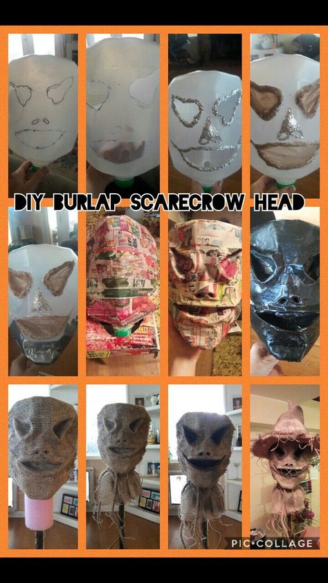 Milk Jug Scarecrow Head, Burlap Mask Diy Halloween, Burlap Halloween Mask, Diy Recycled Halloween Decorations, Scarecrow Head Diy, Scarecrow Mask Diy, Halloween Scarecrow Decorations, Scary Scarecrow Diy, Diy Scary Scarecrow