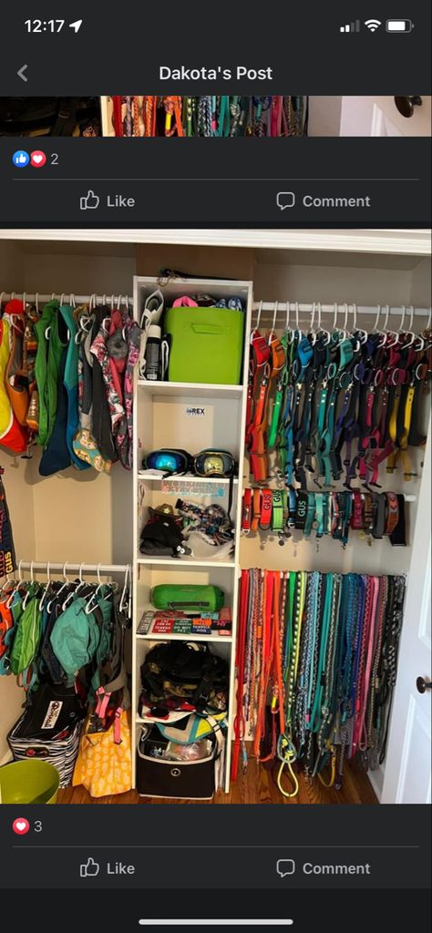 Dog Supply Closet, Dog Supply Storage Ideas, Service Dog Organization, Dog Organizer Ideas, Dog Equipment Storage, Dog Collar Storage Ideas, Dog Harness Storage, Puppy Organization Ideas, Dog Harness Organization