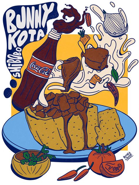 South African Dishes: Bunny Chow Illustration South African Graphic Design, South African Illustration, African Illustration Art, African Packaging, Spaza Shop, Dish Illustration, South Africa Art, South Africa Food, South African Dishes