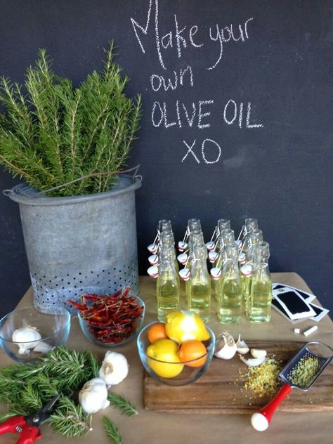 olive oil party Olive Oil Bar Wedding, Make Your Own Olive Oil Bar, Tuscany Themed Bridal Shower Ideas, Italian Theme Baby Shower Ideas, Little Italy Party, Diy Olive Oil, Italian Dinner Party Decorations, Italian Brunch, Mediterranean Party