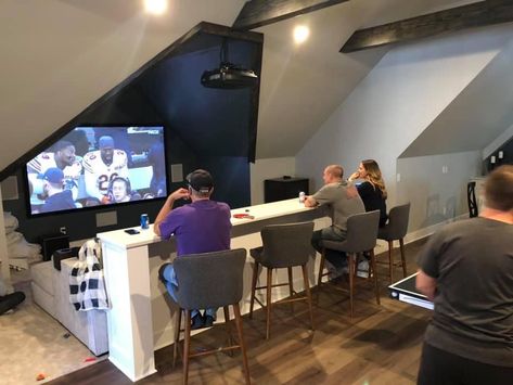 Basement Gaming Setup, Bonus Room Above Garage Man Caves, Game Room Attic, Basement Video Game Room Ideas, Upstairs Loft Ideas Bonus Rooms, Bonus Room Ideas Upstairs Man Cave, Loft Man Cave Ideas, Loft Family Room Upstairs, Attic Hangout Room Ideas