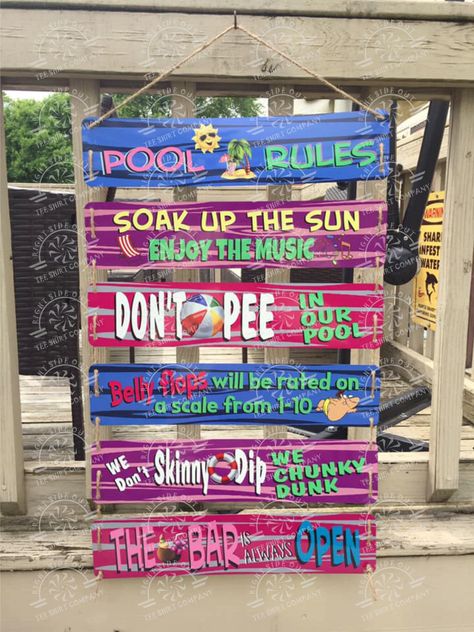 Funny Pool Signs, Resort Names Ideas, Pool Rules Sign Funny, Pool Signs Outdoor, Pool Signs Diy, Swimming Pool Rules, Pool Rules Sign, Pool Party Gift, Swimming Pool Signs