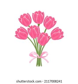 Tulip Drawing Bouquet, Bunch Of Flowers Illustration, Cartoon Flower Bouquet, Tulip Bouquet Drawing, Flower Drawing Bouquet, Pink Flowers Drawing, Tulip Cartoon, Bouquet With Bow, Bouquet Of Flowers Painting