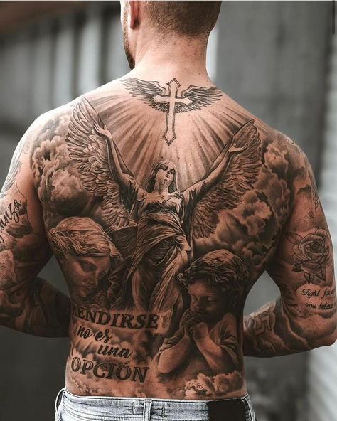 Top Back Tattoo Men, Men’s Angel Tattoo, Men Tattoo Ideas Back, Religious Back Tattoo, Full Back Piece Tattoo, Full Back Tattoo For Men, Tattoo Espalda Hombre, Full Chest Tattoo Men, Men Back Tattoos