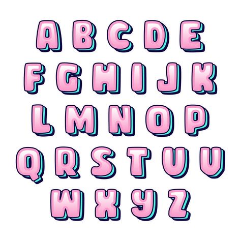 Bubble Letters With Shadow, Cute Bubble Letter Fonts Free Printable, Pink Bubble Letters, Front Design Text, Typography Letters Alphabet, Bubble Fonts Alphabet Graffiti, Alphabet Bubble Letters, Bubble Handwriting, Bubble Writing Font