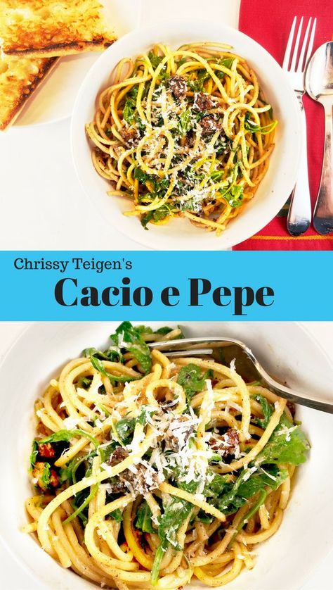 Chrissy Teigen’s Lemon-Arugula Cacio e Pepe is a quick and easy recipe guaranteed to be your new favorite pasta! #ChrissyTeigen #bestpastarecipe #easyandimpressive Chrissy Teigen Recipes, Pasta Food Recipes, Signature Recipes, Pancetta Pasta, Pasta Food, Healthy Pastas, Chrissy Teigen, Classic Dishes, Noodle Recipes