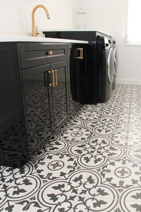 Flooring: Tile, 21st Century Tile, Arte, 10x10, White: Grout: Frost Black And White Marble Floor Laundry Room, Laundry Room Ceramic Tile Floor, Black Tile Laundry Room, Black Hexagon Tile Floor Laundry Room, Black And White Tiles Laundry Room, Laundry Room Tile Floor Black And White, Cozy Laundry Room, Tile Pattern Ideas, Tile Laundry Room