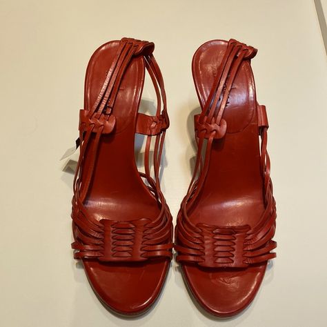 Very Cool, Huarache Style Woven Leather. They Are Very Soft. Coral Red A Perfect Resort Shoe! Never Worn! New With Tag Black Patent Leather Flats, Huarache Sandals, Soft Coral, Woven Sandals, Leather Thong Sandals, Chunky Heels Boots, Red A, Pink Sandals, Coral Red