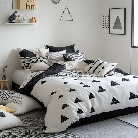 7+ Modern Childrens Bedroom Decor Ideas in Black and White • 333+ Inspiring Lifestyle Ideas White Girls Bedroom Ideas, Black And White Girls Bedroom, White Girls Bedroom, Bold Bedding, Black And White Bedroom, Inspiring Lifestyle, Black Bedside, Geometric Bedding, Monochrome Wall Art