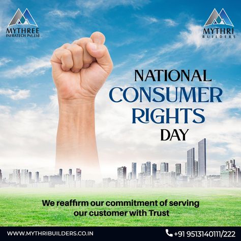 Empower yourself! Today, on National Consumer Rights Day, learn your rights and become a confident consumer. Mythri Builders is committed to ethical practices and building trust with our customers.
Let's celebrate responsible consumption together!

Visit www.mythribuilders.co.in today or Call @ +91 95131 40111/ +91 9513140222

#MythriBuilders #MythriSapphire #Mythrisquare #Mythrisunshine #Mythrisignature #Builders #Bangalore #dreamhomes #consumers #consumersrights #consumersrightsday National Consumer Rights Day, Responsible Consumption, Consumer Rights, Building Trust, Empower Yourself, Let's Celebrate, Lets Celebrate, Bangalore, No Response