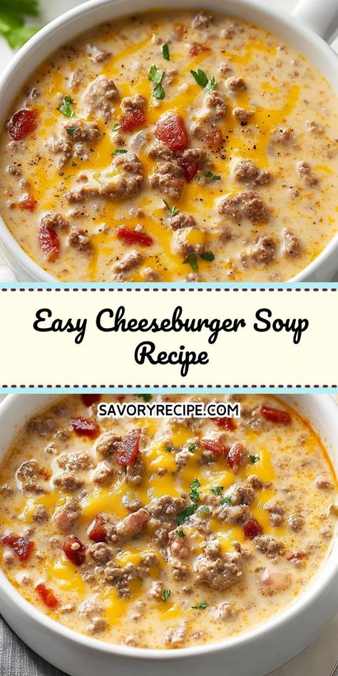 Whip up a comforting bowl of Easy Cheeseburger Soup Recipe! This ground beef delight combines rich flavors, melty cheese, and tender veggies for a satisfying meal. Perfect for any weeknight dinner, this soup will quickly become a family favorite in your Ground Beef Recipes lineup. Try it and savor the warmth! Ground Meat Soup, Soups With Ground Beef, Easy Cheeseburger Soup, Cheeseburger Soup Crockpot, Cheeseburger Soup Recipe, Ground Beef Potatoes, Easy Hamburger Soup, Easy Homemade Soups, Beef Potatoes