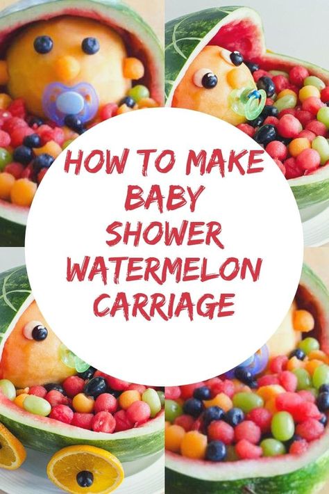 how to make baby shower watermelon carriage Baby Shower Watermelon Carriage, Baby Watermelon Fruit Bowl, Fruit For Baby Shower Ideas, Watermelon Carriage, Baby Shower Fruit Tray, Baby Shower Food Table, Watermelon Baby Carriage, Watermelon Ideas, Hungry Monster